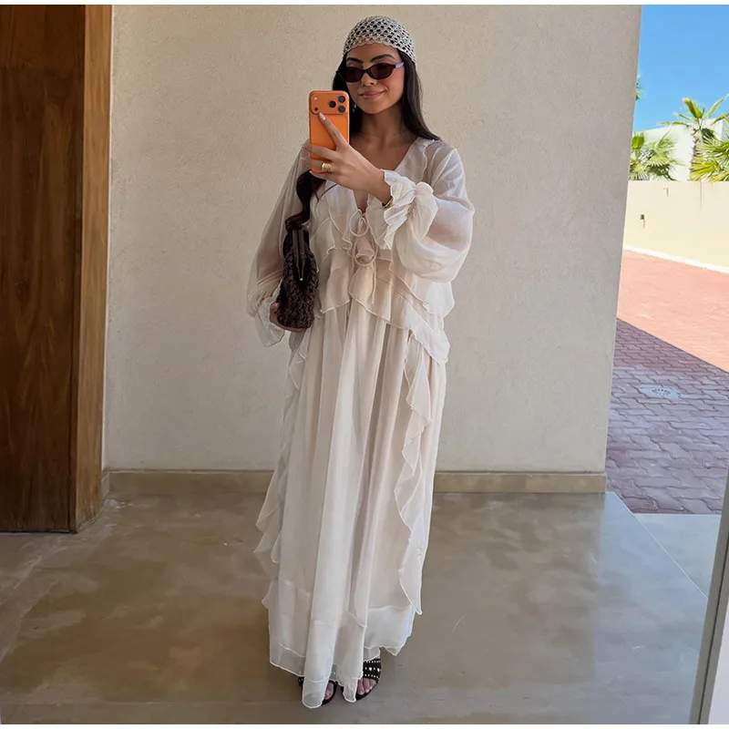 Elegant Ruffle Women's Dress Solid V Neck Full Lantern Sleeve Loose Long Casual Dresses New Street Beach Vacation Robe 2026