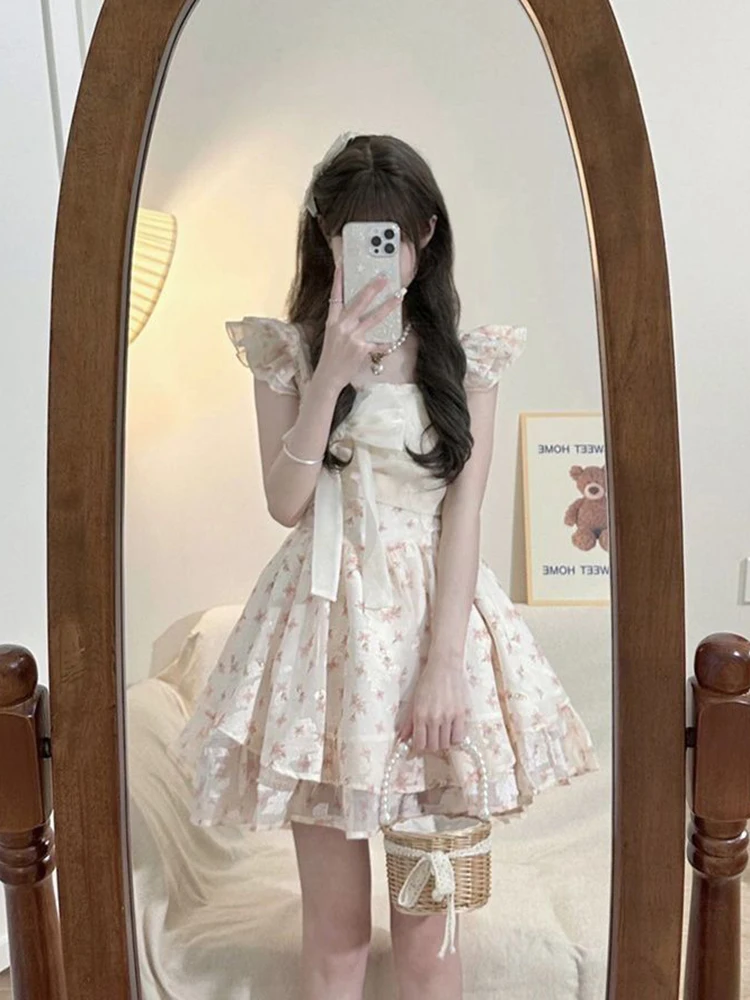 Jmprs Floral Süße Nette Bogen Kleid Frauen Schlank Vintage Fliegen Sleeve Mini Kleid Sommer Elegante Vintage Französisch Sexy Dame Vestidos