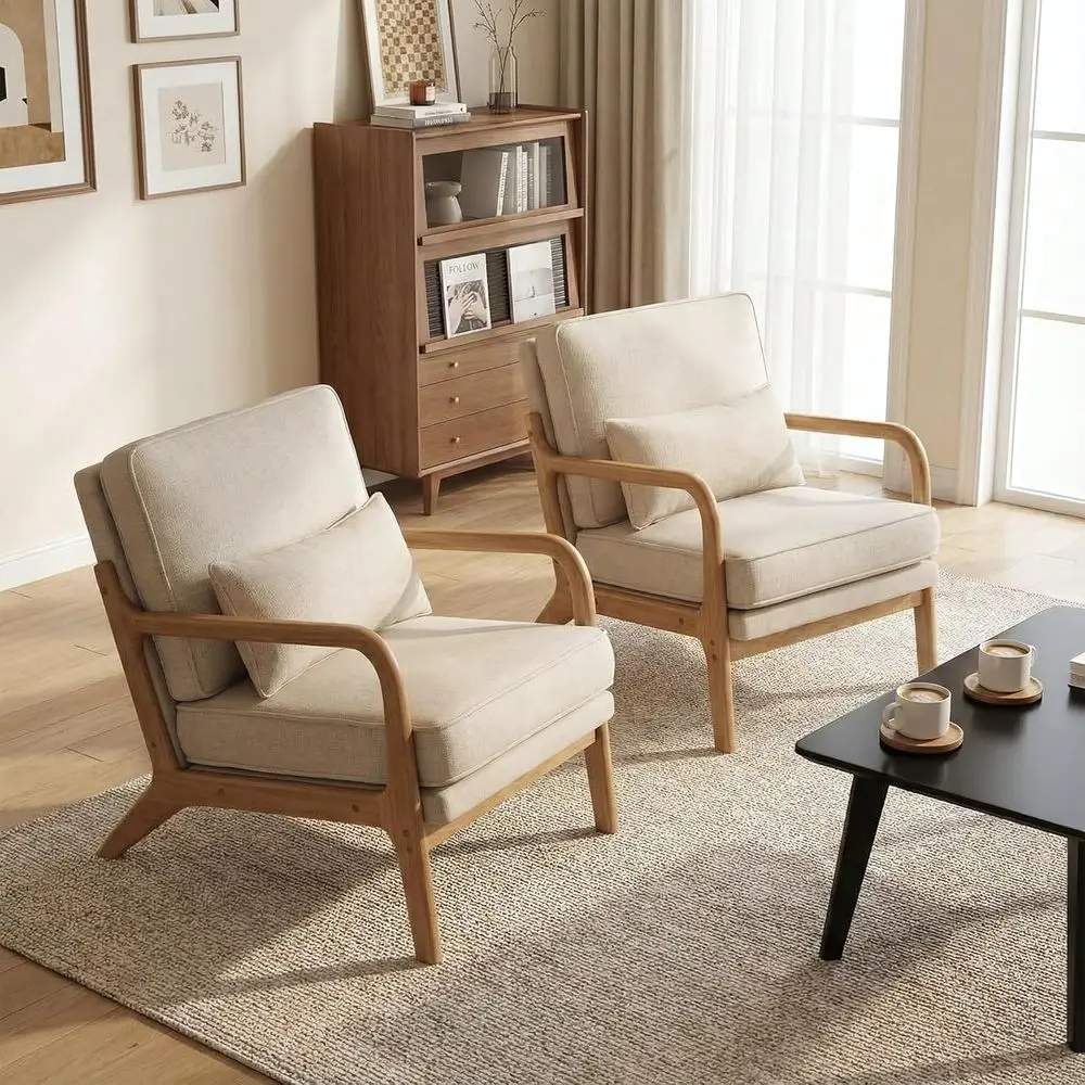 

Pair of Wooden Upholstered Accent Chairs with Lumbar Pillow & Removable Seat Cushion, Ideal for Living Room, Bedroom, or Balcony