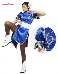 Women's Game Fighter Chun Li Cosplay Costume for Adult Blue Cheongsam Halloween Party Dress Women Outfit