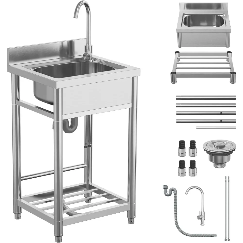 

Stainless Utility Sink, Single Bowl Outdoor Sinks with Faucet, Basin, Strainer Portable Laundry Sink for Garage