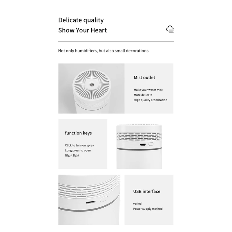 مرطب هواء 250 مل للمنزل والسيارة بخاخ USB مع منقي مصباح ليلي ملون LED-C