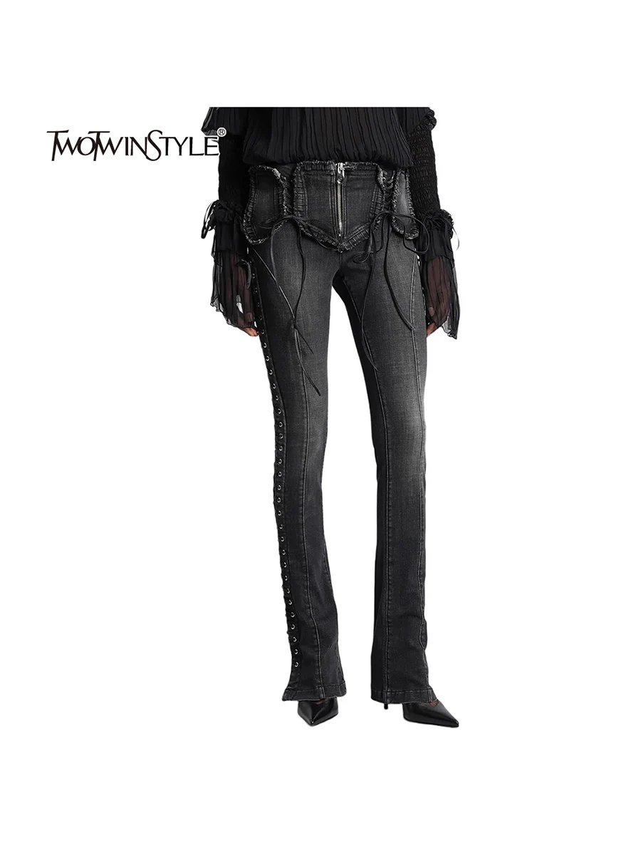 

TWOTWINSTYLE Slimming Hollow Out Spliced Strap Design Sense Jeans for Women High Waist Patchwork Pockets Fashion Jean Female New