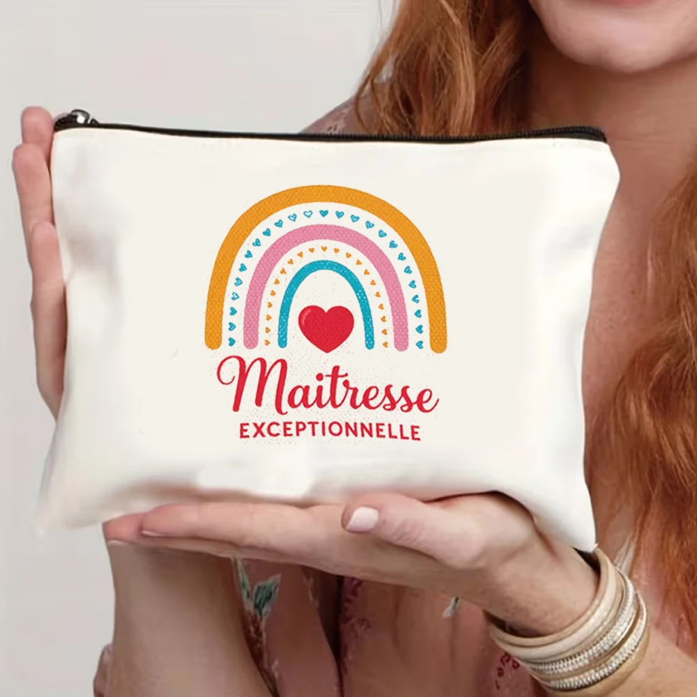 French-Style Toiletry Bag - Great Teacher, Hand-Painted Rainbow Heart Design, Minimalist Style Makeup Bag, Suitable for Teacher's Day Gifts, Academic Memorabilia, and Mentor Appreciation, Essential for Travel Storage of Cosmetics and Toiletries