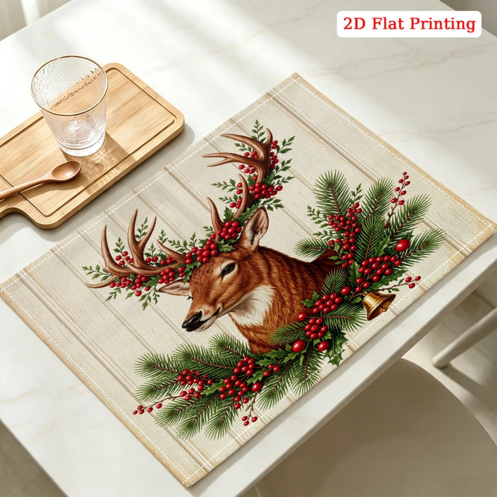 Festive Deer With Berries And Pine Kitchen Placemat Coaster Linen Pad Dish Coffee Cup Table Mat 30x40cm Home Decor