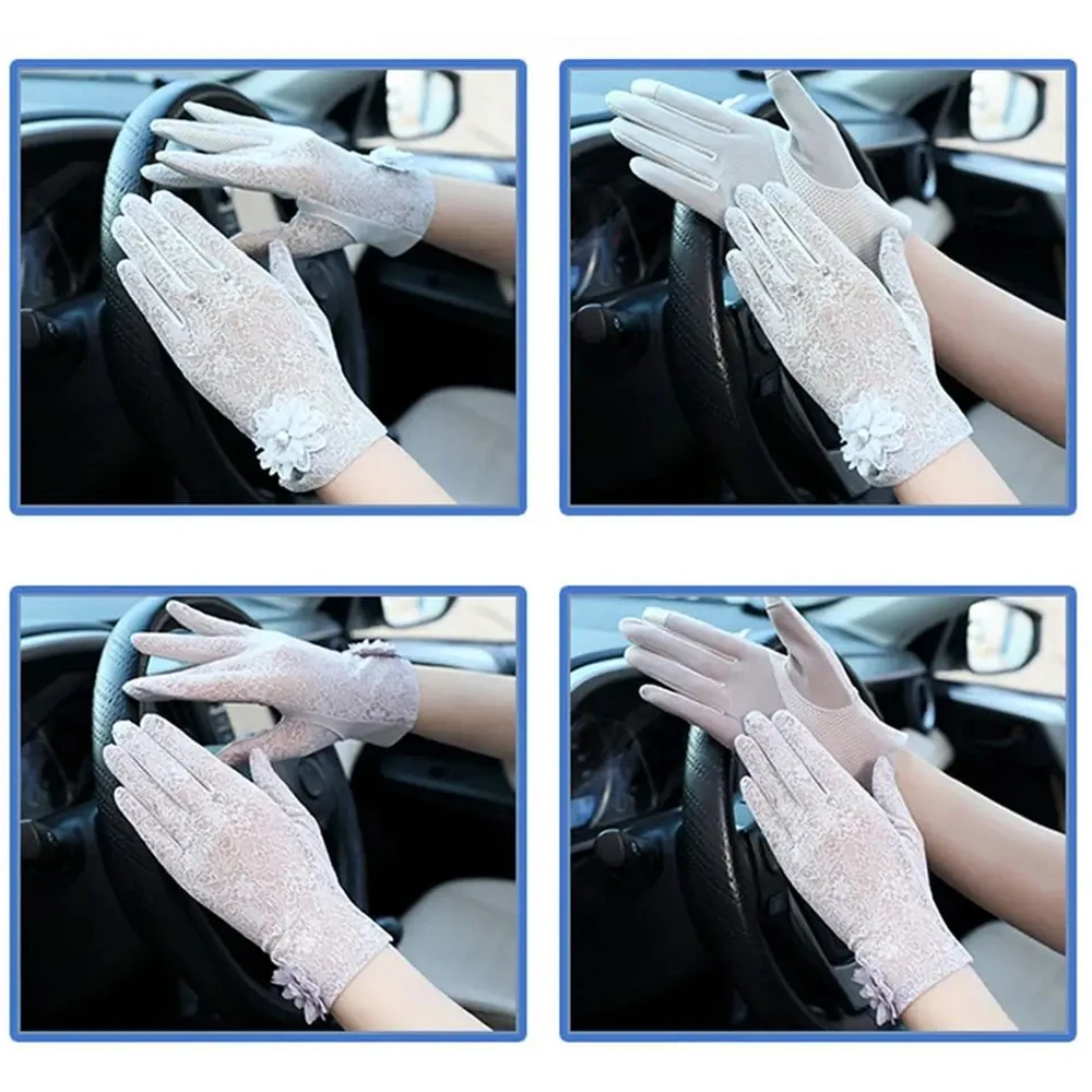 레이스 플라워 자외선 차단 여성 장갑, 통기성 미끄럼 방지 장갑, 터치 스크린 짧은 장갑, 여름