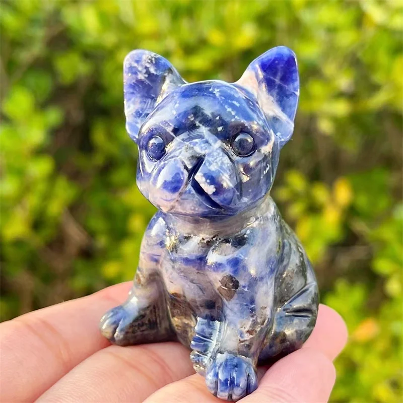 

Natural Blue Sodalite Cartoon Dog French Bulldog Carving Quartz Healing Crystal Stone Cute Birthday Present Home Decoration 1PCS