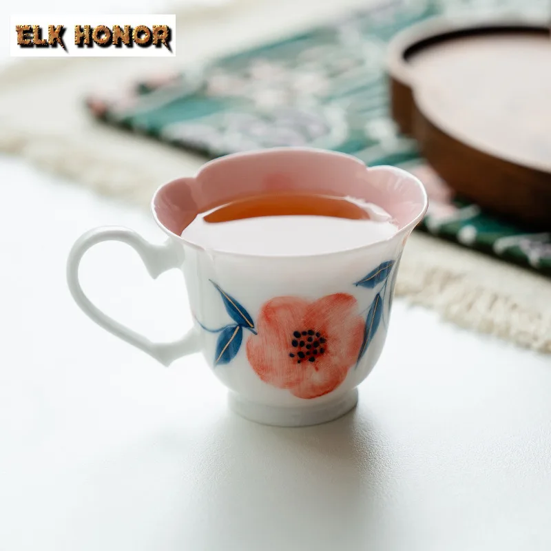 75ML Hand-painted Peach Blossom Petal Heart Handle Teacup Ancient Tea Bowl Jug Tea-tasting Smelling Cup Jianzhan Master Cups