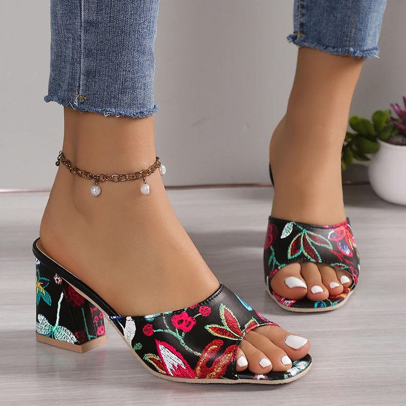 Womens Sandals Printed Summer 2024 New Thick-heeled Popular High-heeled Sexy All-match Half-slippers Open Toe Casual Basic Shoes