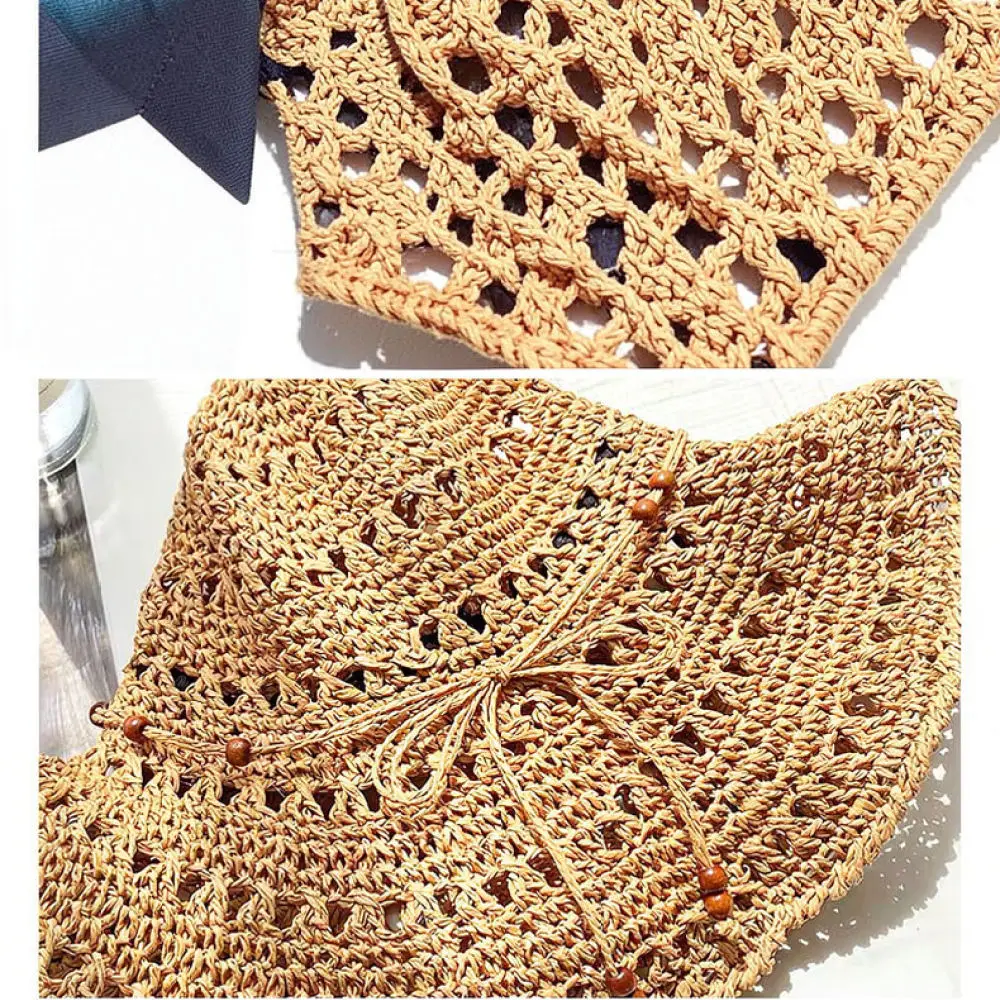 Korean Fashion Summer Straw Hat Female Wide Brim Sun Cap Foldable Portable Beach Hat Outdoor Travel Sunshade Accessory