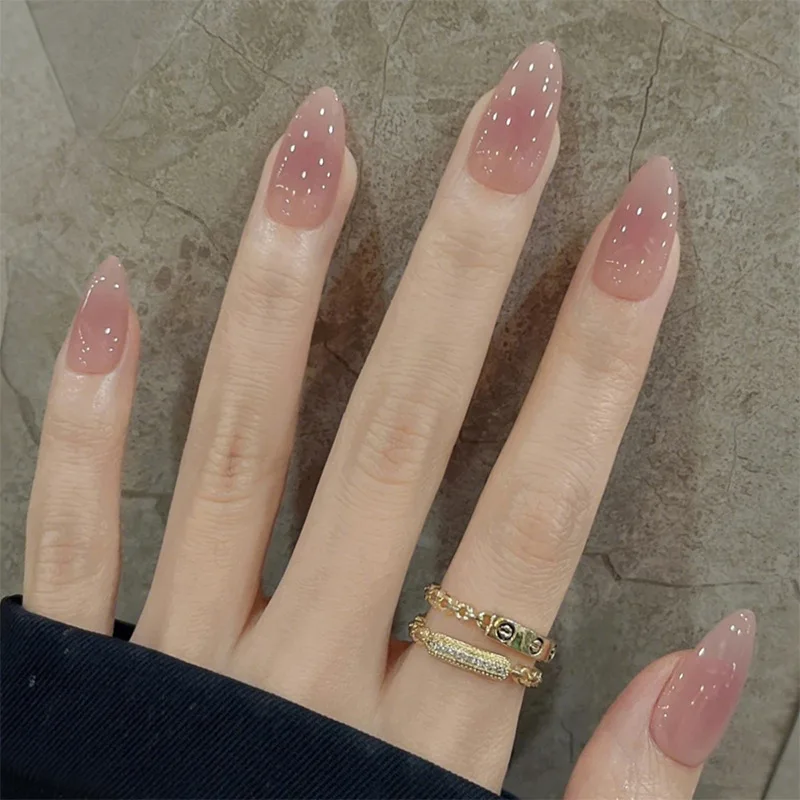 24Pcs Simple Nude Pink Solid Nail Art Set with Jelly Glue Short Oval Fake Nails Aurora Flash Almond Sweet Wearable Nail Stickers