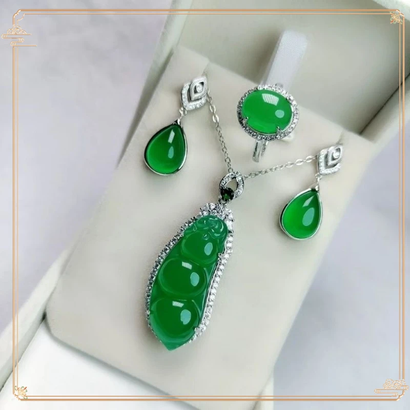 Natural silver inlaid chalcedony green beans set agate jade ring earrings pendant pendant three-piece set