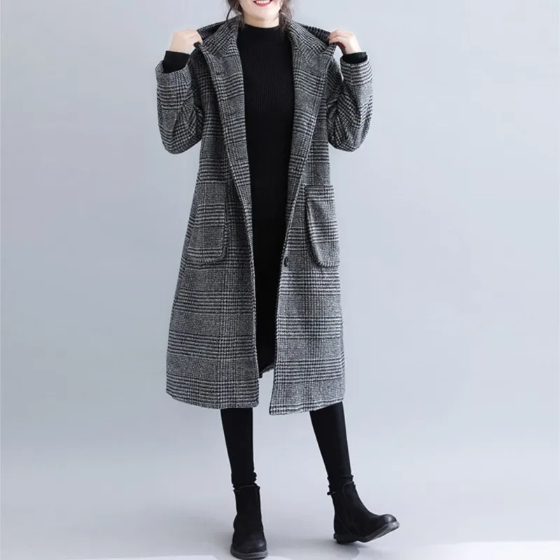 2026 New Women's Autumn/Winter Woolen Coat With Thousand Bird Grid Hoodie And Pocket Fashionable Warm And Comfortable Long Coat