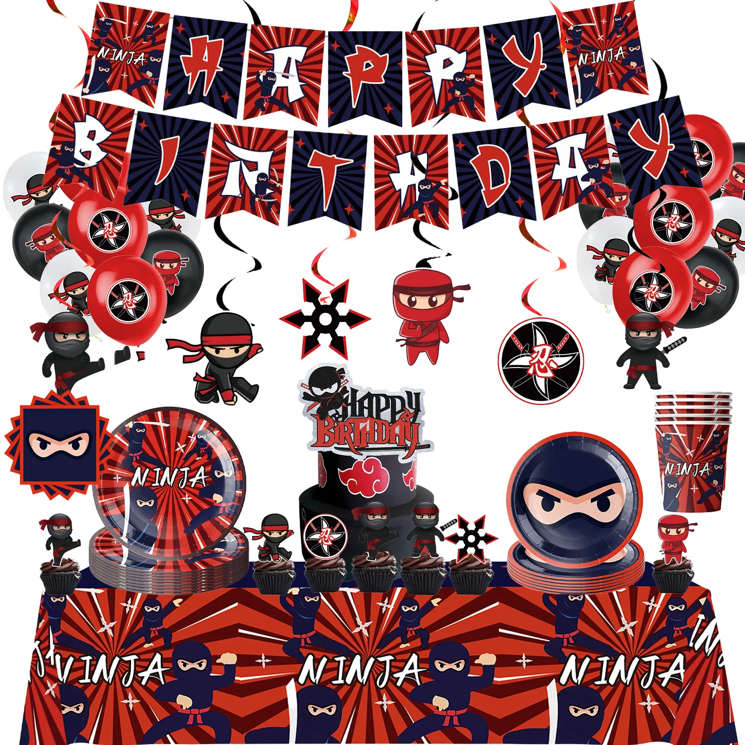 

Ninja Birthday Party Decorations Paper Cutlery Plates Cups Napkins Tablecloth Background Balloons Kids Baby Shower Orientation