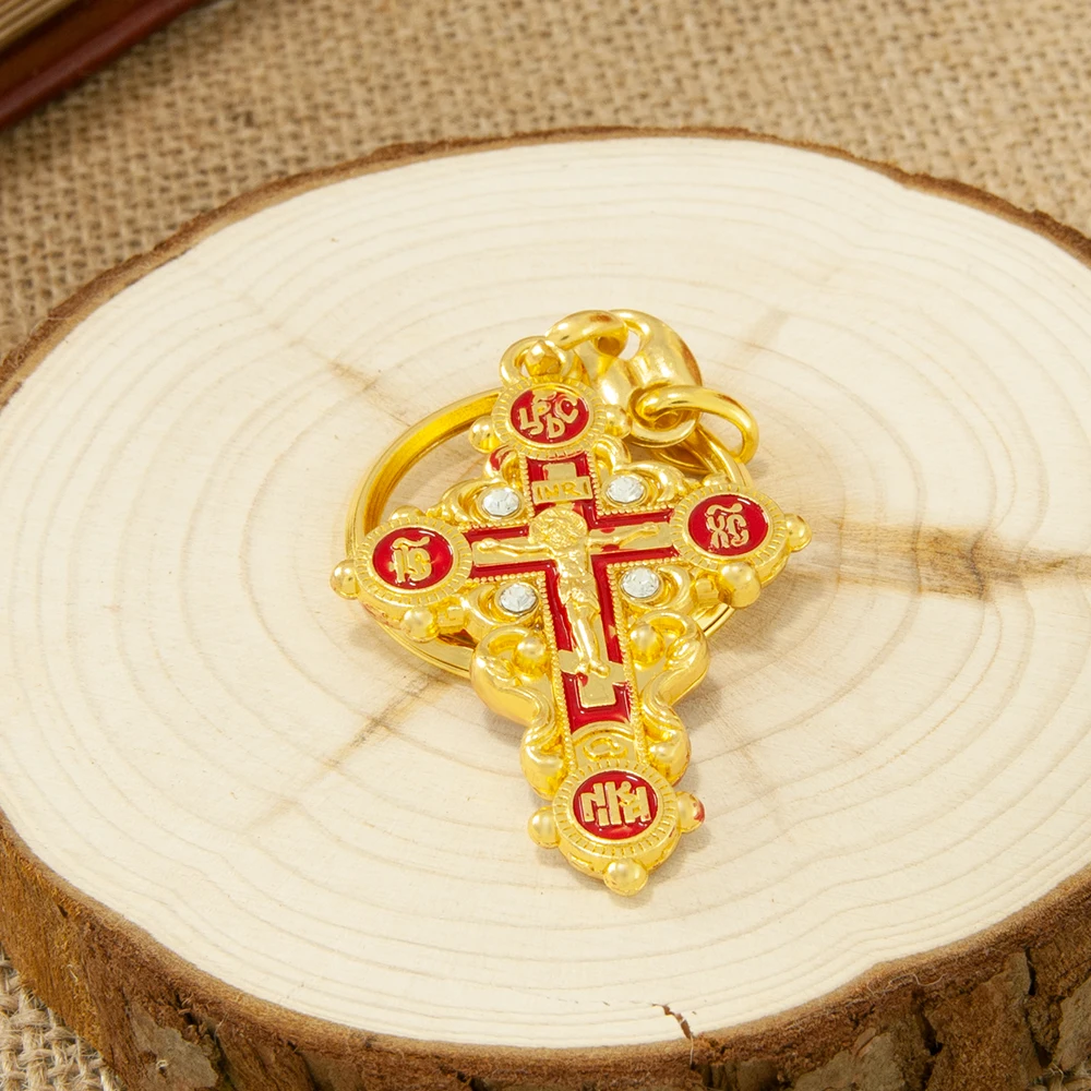 HTISOK Orthodoxes Kreuz aus Legierung, vergoldeter Schlüsselanhänger, heilige religiöse Mini-Jesus-Ikone, Kruzifix-Anhänger, heiliger Schlüsselanhänger für Gläubige – Detail 10