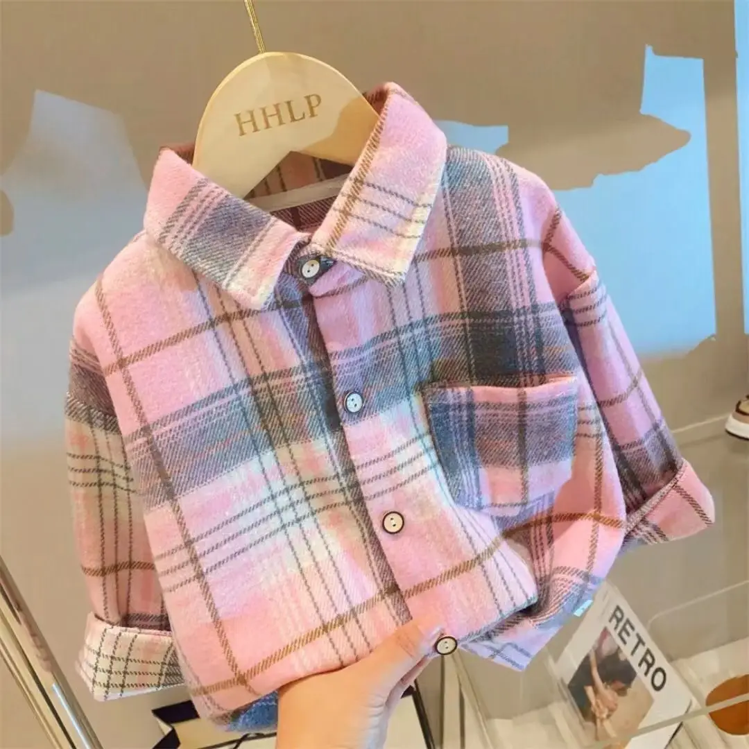 

Girls Boys Long Sleeves Single-breasted Plaid Shirts Casual Retro Lapel Shirt Autumn Children clothes Tops Blouses