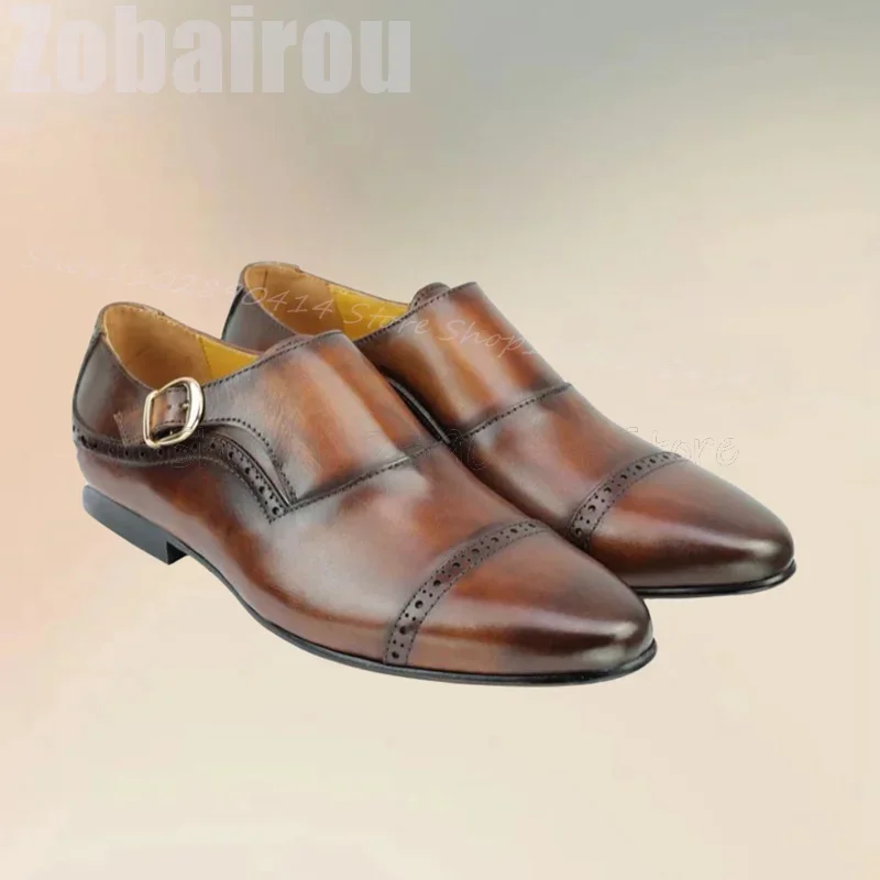 

Brown Carving Design Buckle Decor Men Loafers Fashion Slip On Men Shoes Luxurious Handmade Party Banquet Office Men Dress Shoes