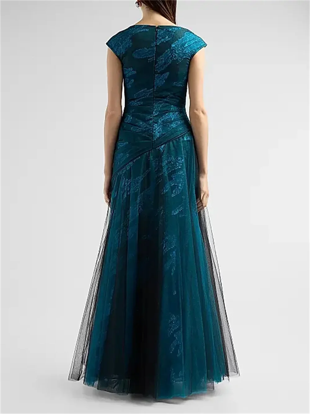 Customized Elegant Lake Blue Boat Neck Short Sleeve A-line Prom Gowns Embroidery Tulle Pleated New Formal Party Evening Dresses