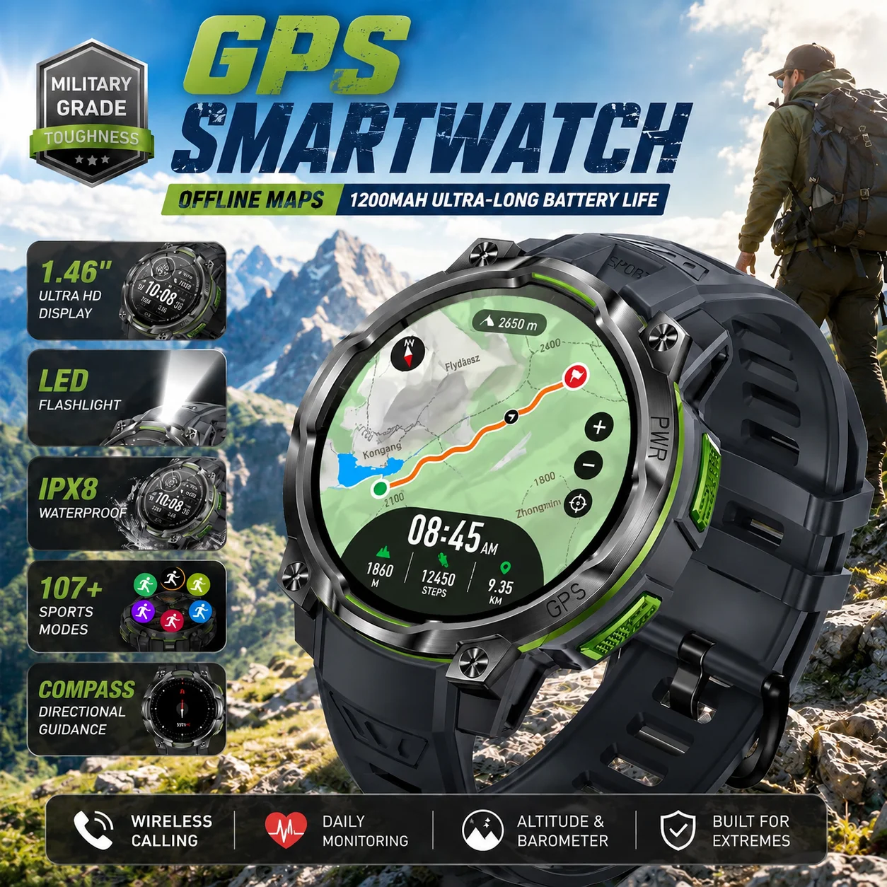 2026 1200mAh Battery GPS Offline Map Smart Watch Men Built in GPS Compass Altimeter AI-GPT IPX8 Waterproof Men Sports Smartwatch