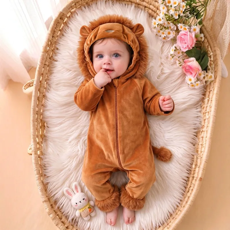Cute Newborn Lion Romper Hooded Fluffy Winter Warm Bodysuit Infant Toddler One-Piece Jumpsuit Animal Costume Baby Clothes