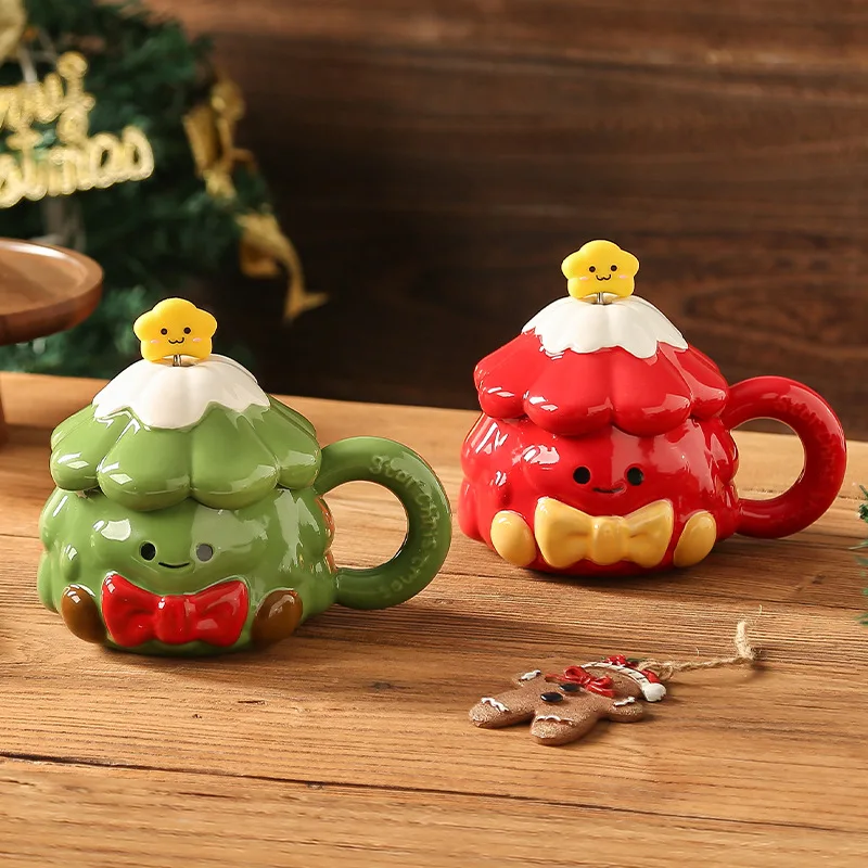 Creative hand-painted Christmas tree ceramic mug, internet-famous,home-use with lid and spoon, large-capacity drinking cup