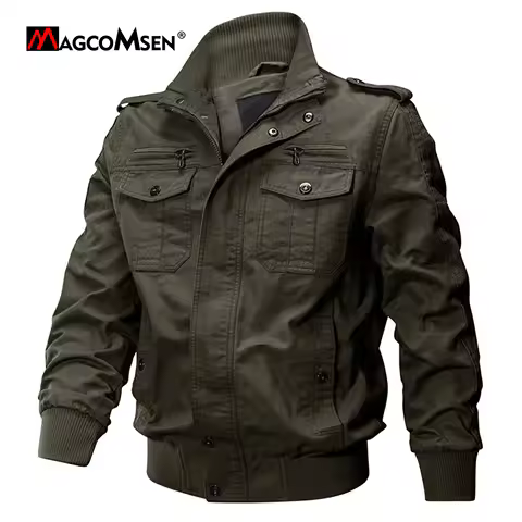 MAGCOMSEN Men's Bomber Pilot Jacket Autumn Standing Collar Windproof Jacket with Multiple Pockets