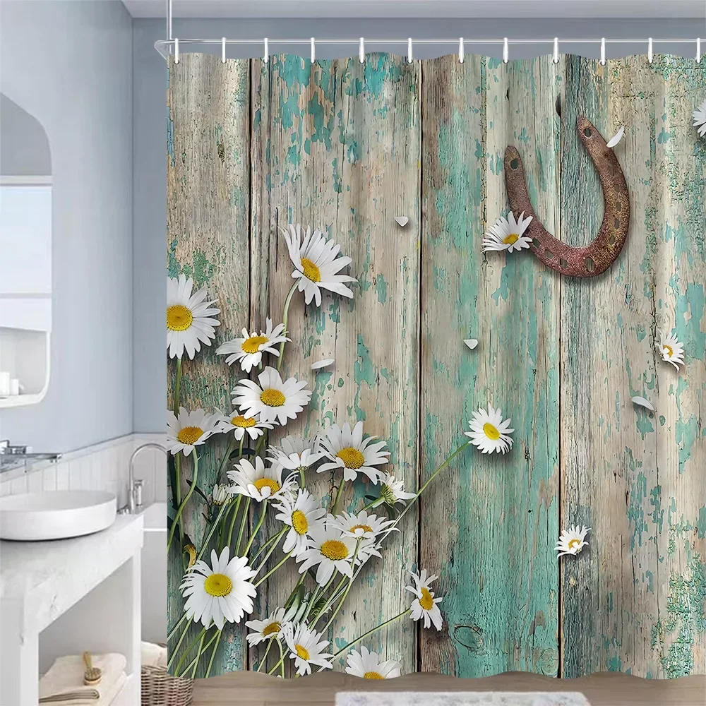 Rustic Farm Wooden Door Shower Curtains Barn Wheel Green Plant Grey Board Bath Curtain Polyester Cloth Bathroom Decor with Hooks