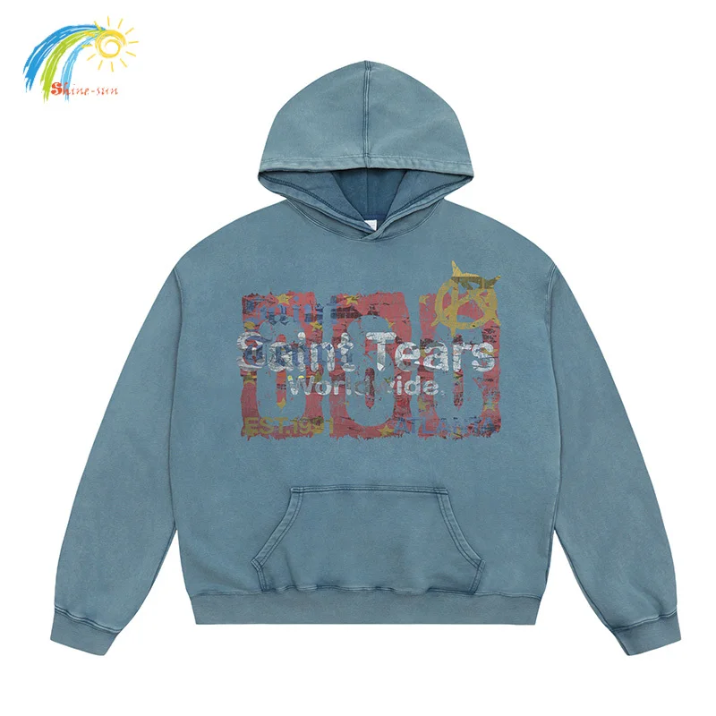 

24FW High Quality Oversized Vintage Washed Blue Black Saint Tears Hoodie Men Women Streetwear Graphics Print Pullovers Hooded