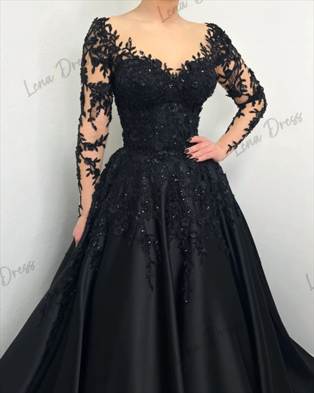 Vestidos de noite pesados de renda bordada personalizados, vestidos pretos de luxo para ocasiões especiais, saia longa linha, vestido de gala