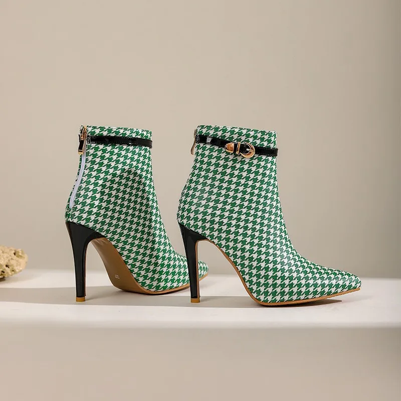 2023 Autumn New Chic Women Ankle Boots Fashion Houndstooth Pattern Ladies Thin High Heels Boots Female Modern Booties Size 47 48