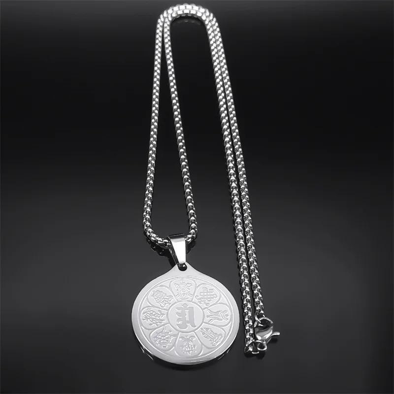 Eight Auspicious Treasures Six Character Mantra Lotus Medal Necklaces for Men Women Stainless Steel Eight-Treasure Lotus Jewelry