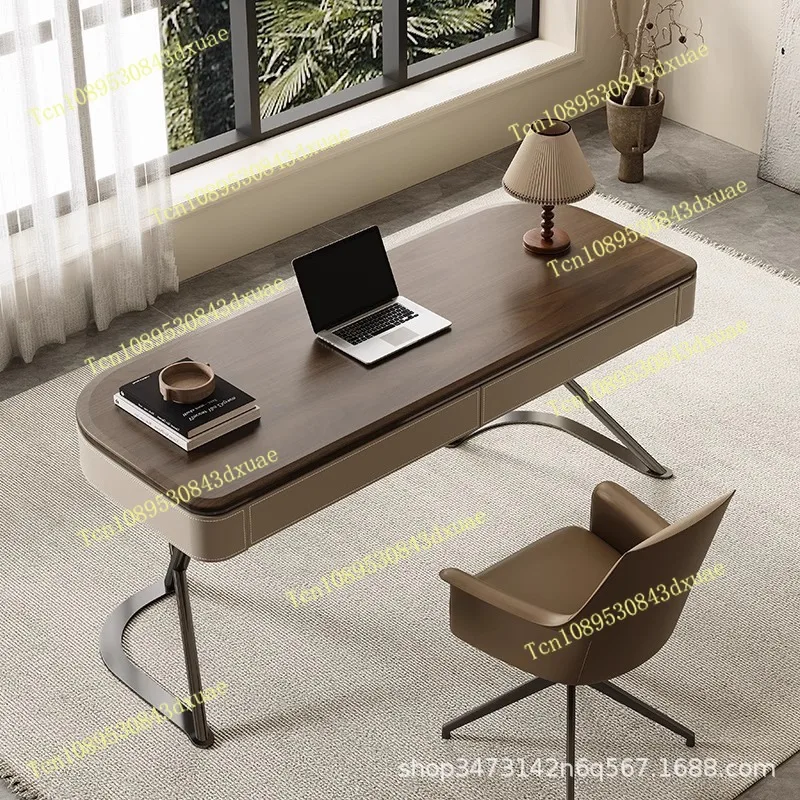 Solid wood desk Modern minimalist home living room Study high-end light luxury walnut saddle leather computer desk