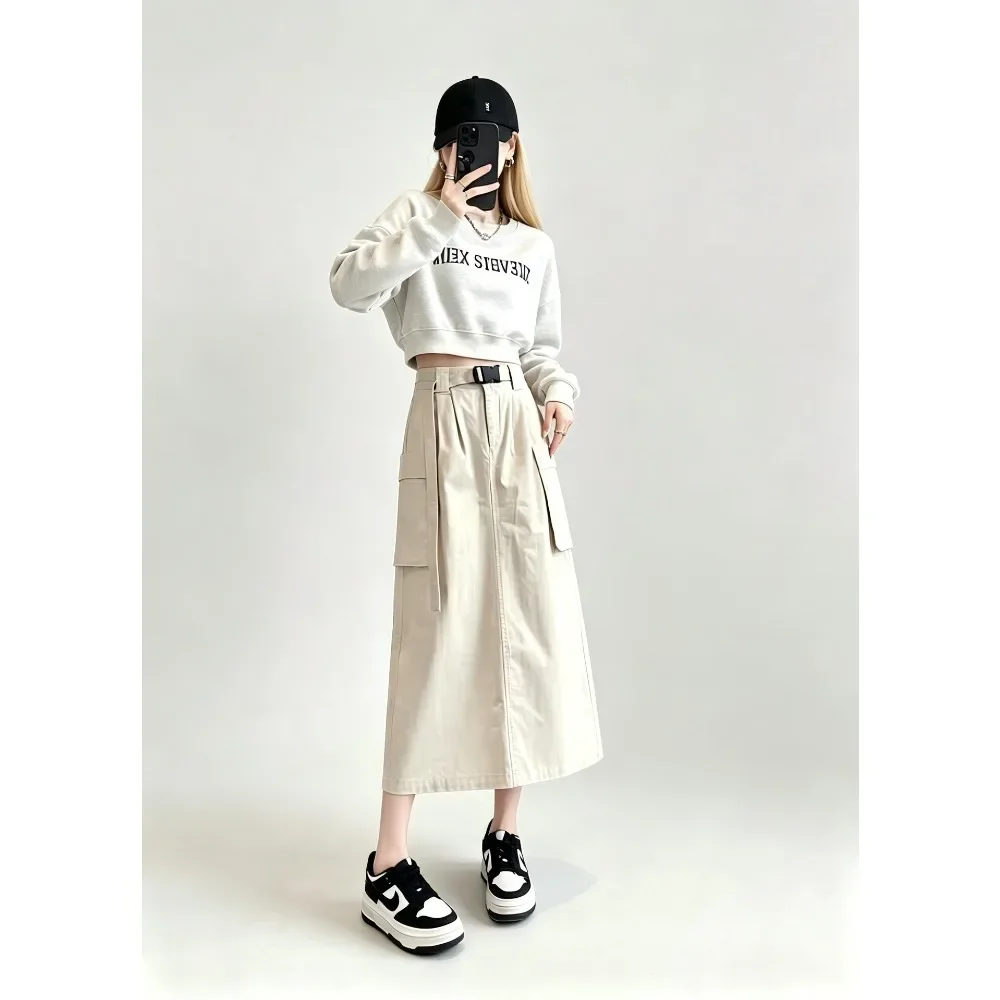 Women Cargo Pure Cotton Midi A-Line Skirt Street Casual Versatile Half Skirt New European Style Ladies Daily Streetwear Chic