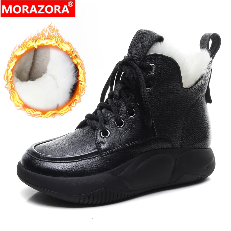 

MORAZORA 2025 New Genuine Leather Snow Boots Women Lace Up Thick Fur Warm Winter Boots Black Brown Platform Wool Ankle Boots