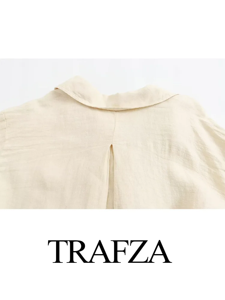 TRAFZA Summer Women Retro Casual Suit Solid Color Linen Single Breasted V-neck Shirt +Pocket Design High Waist Tie Loose Shorts