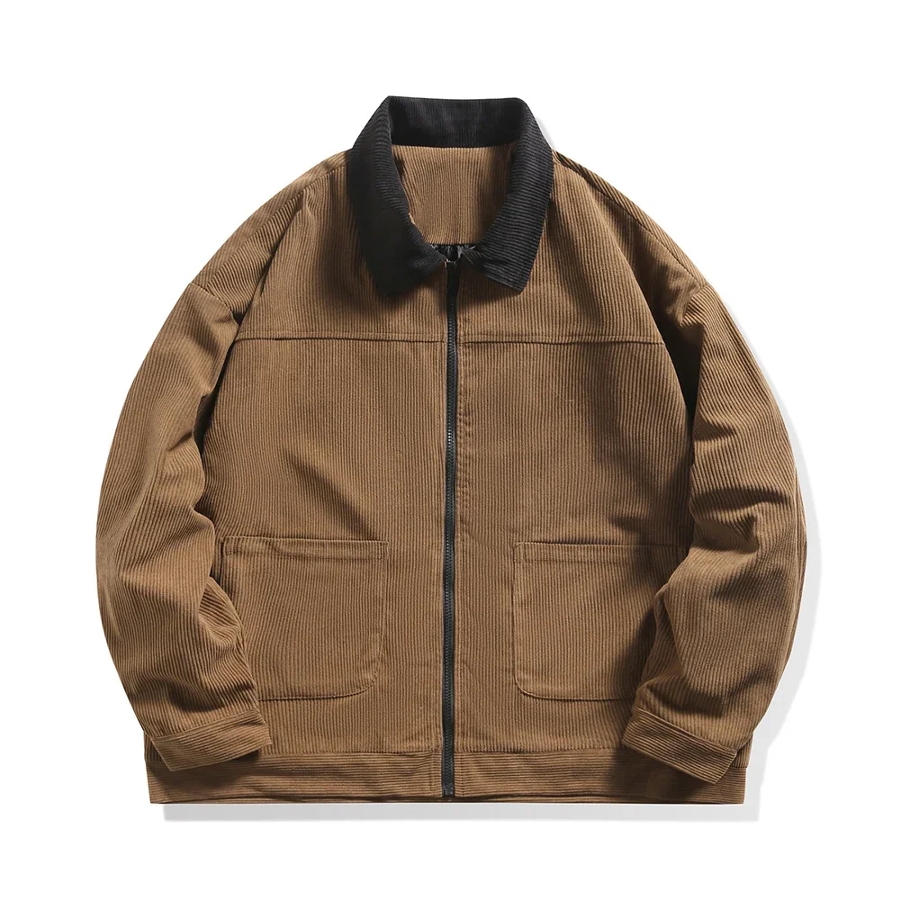 Men Corduroy Lapel Cargo Jacket Zipper Loose Color Matching Casual Outwear Coat