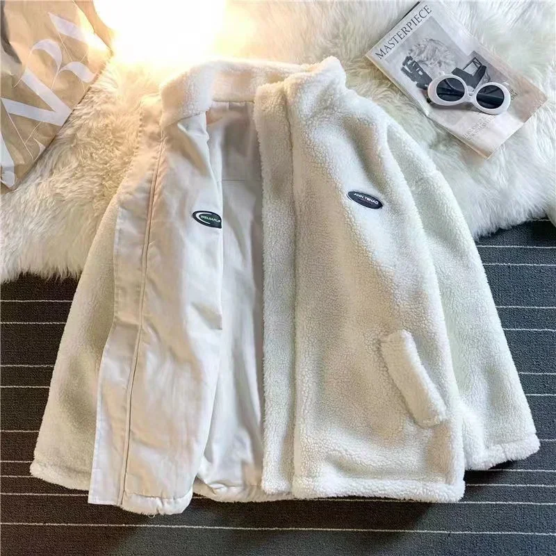 Autumn and Winter New Lamb Cashmere Double sided Cotton Couple Stand up Collar Love Pattern Coat Cute Loose Couple Warm Jacket