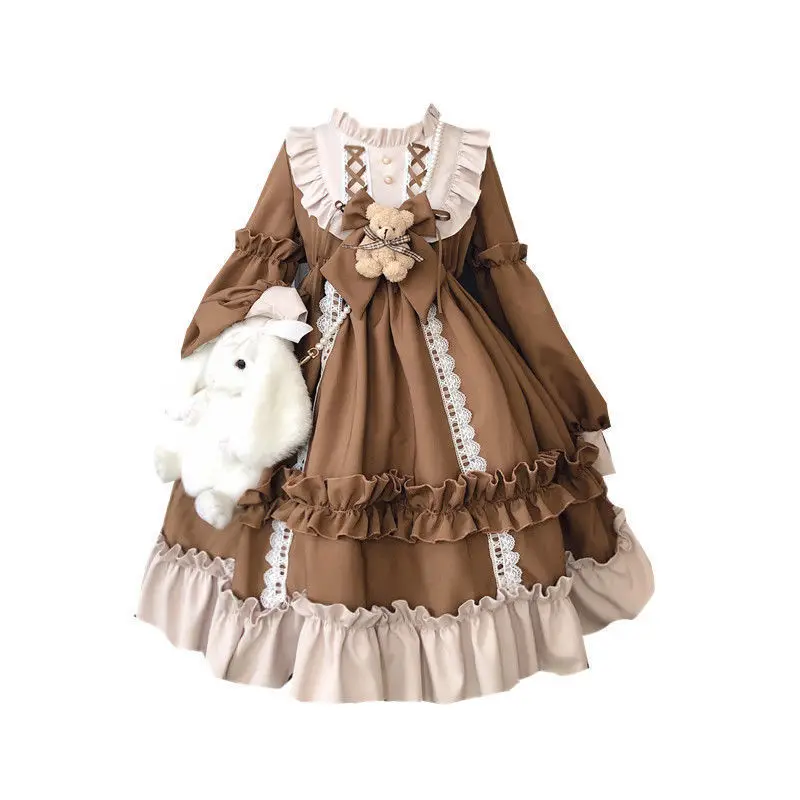 Long Sleeve Bear Bow Detail Lolita Long Sleeve Dress Lolita Dress Full Set New Loose Lolita Dress OP Long Sleeve Women