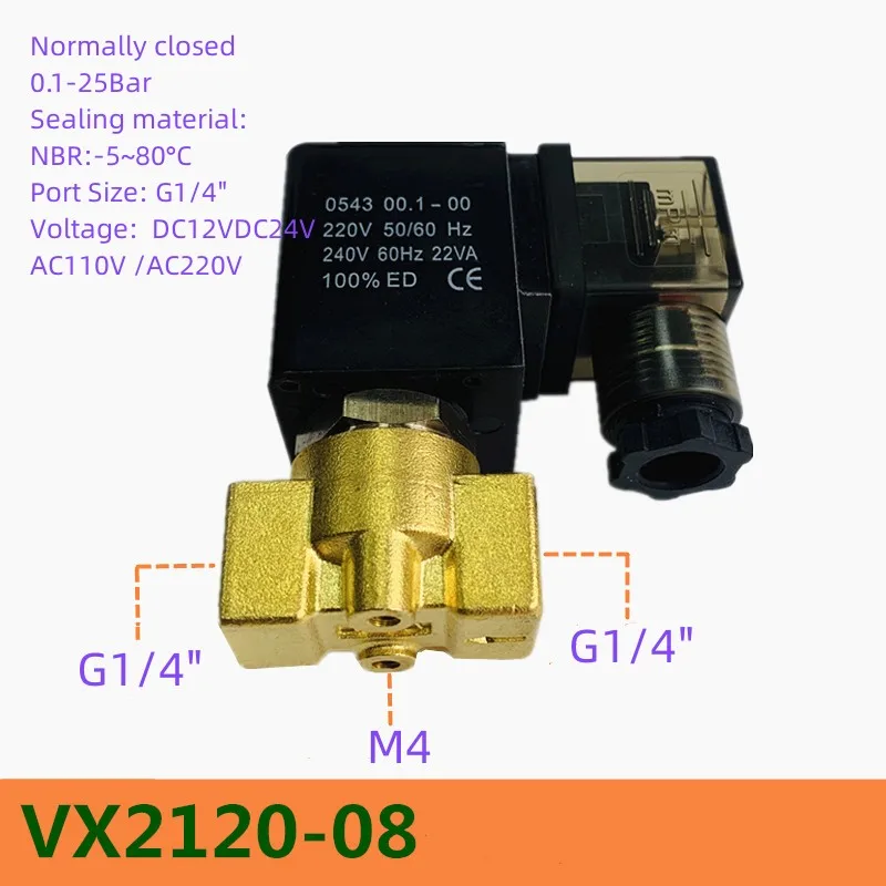 

25Bar 2-Position 2-Way VX2120-X64 Solenoid Valve VX2120-08 Normally Closed Gas Valve Water Oil G1/4" Brass Valve Ac220vdc24v