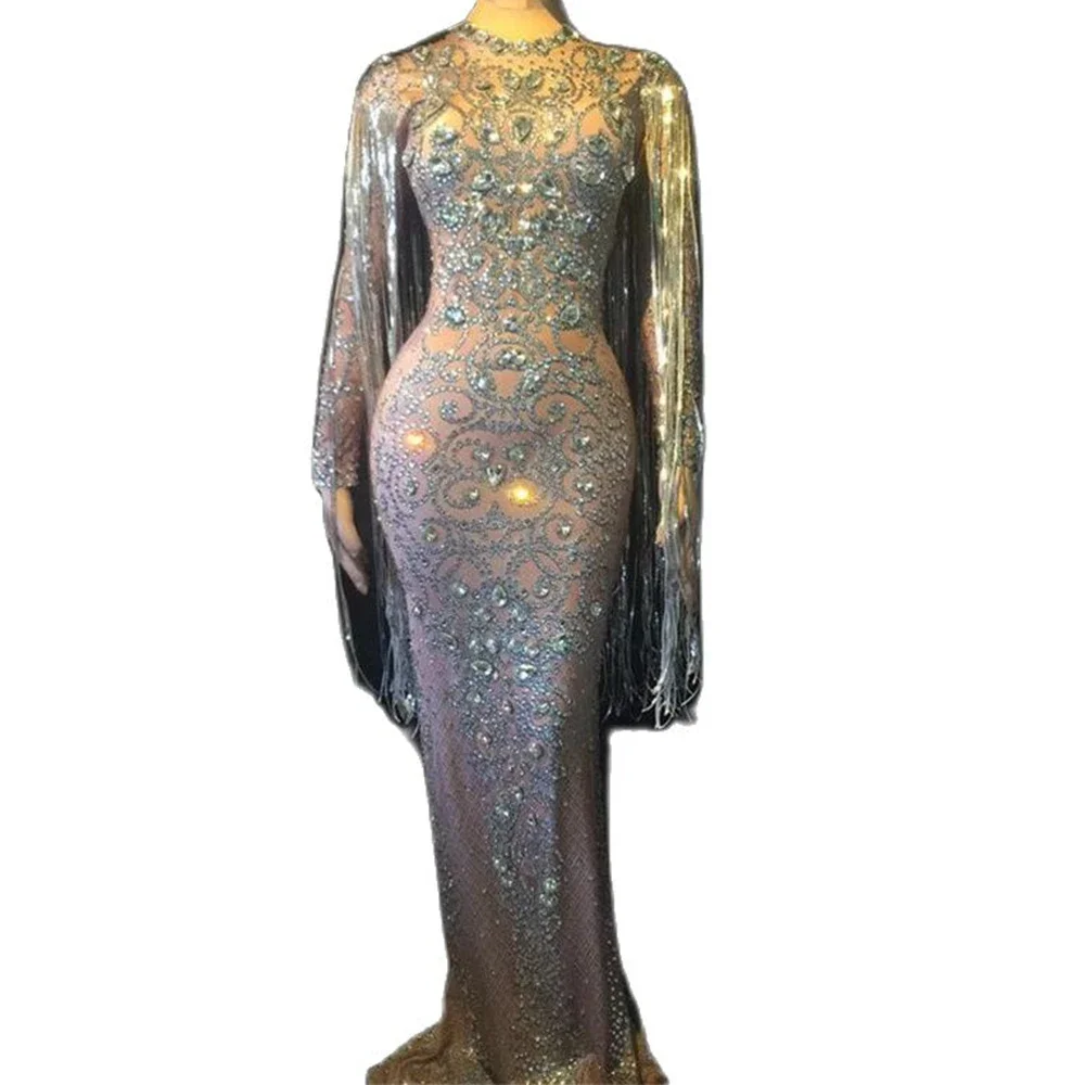 Sukienka damska z kryształkami, dżetami, frędzlami, obcisła, na scenę, na imprezę, na studniówkę, na wesele, długa do podłogi.