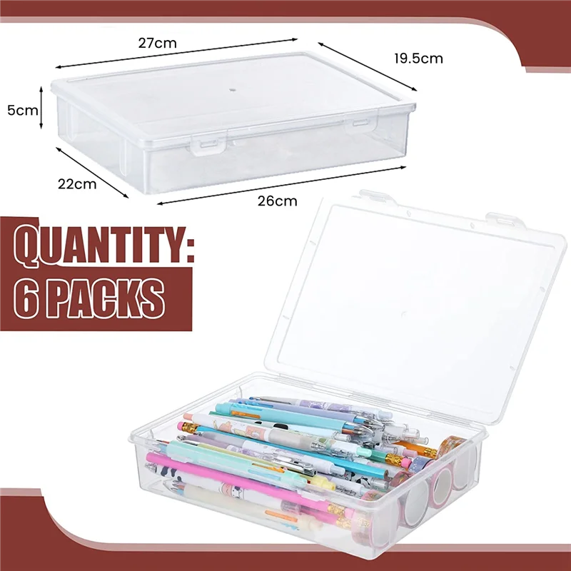 6 Pcs 11In x 8In x 2In Plastic Storage Box with Lid Multipurpose Craft Organizer Plastic Containers Clear Pencil Case