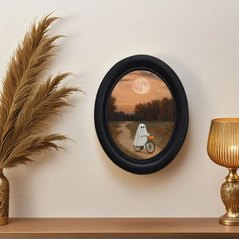 1 Piece 3D Ghost Riding a Bicycle Wall Art - Wooden Decoration (5.25 * 4.16inch), Oval Country Art, Oval Wall Decoration, Handmade Photo Transfer, Halloween Decoration, Christmas Decoration, Thanksgiving Decoration