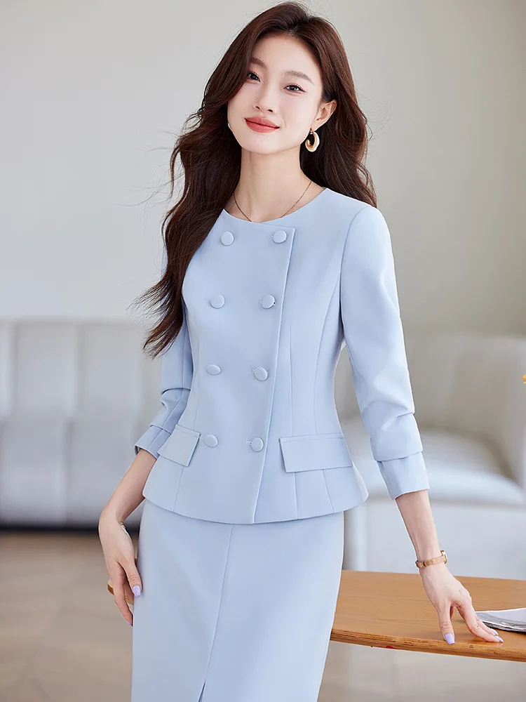 Light blue professional skirt suit for women, spring style, elegant goddess look, professional office attire, beauty salon recep