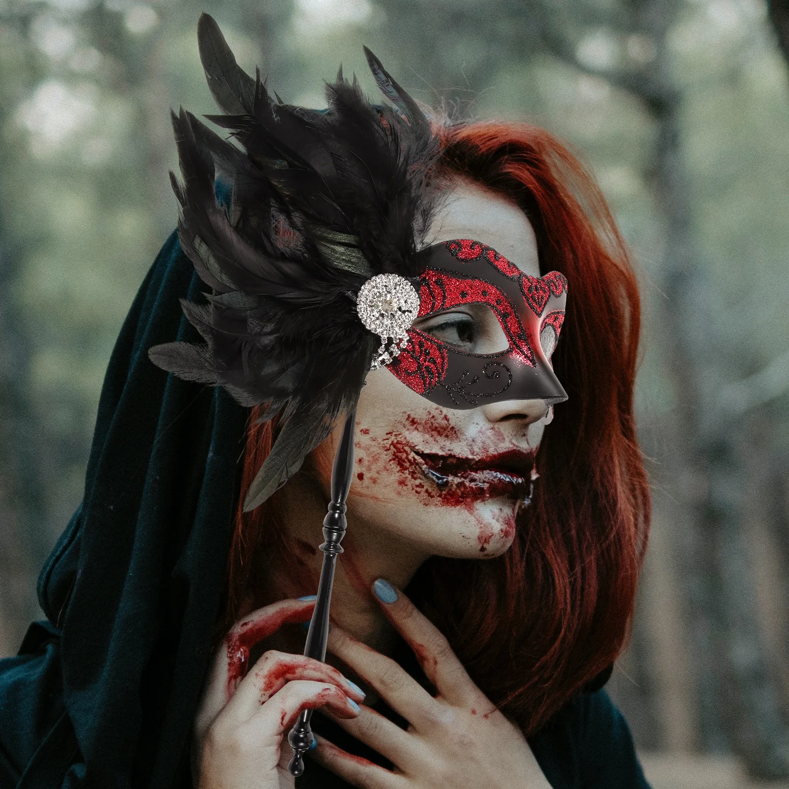 

Half Face Masquerade Mask Handheld Halloween Costume Party Decorative Mask Prop Cosplay Festival Accessory Tassel Plume