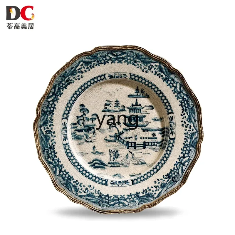 Lmm  Retro Blue and White Ceramic Inlaid Copper Wall Hangings Decorative Hanging Plate