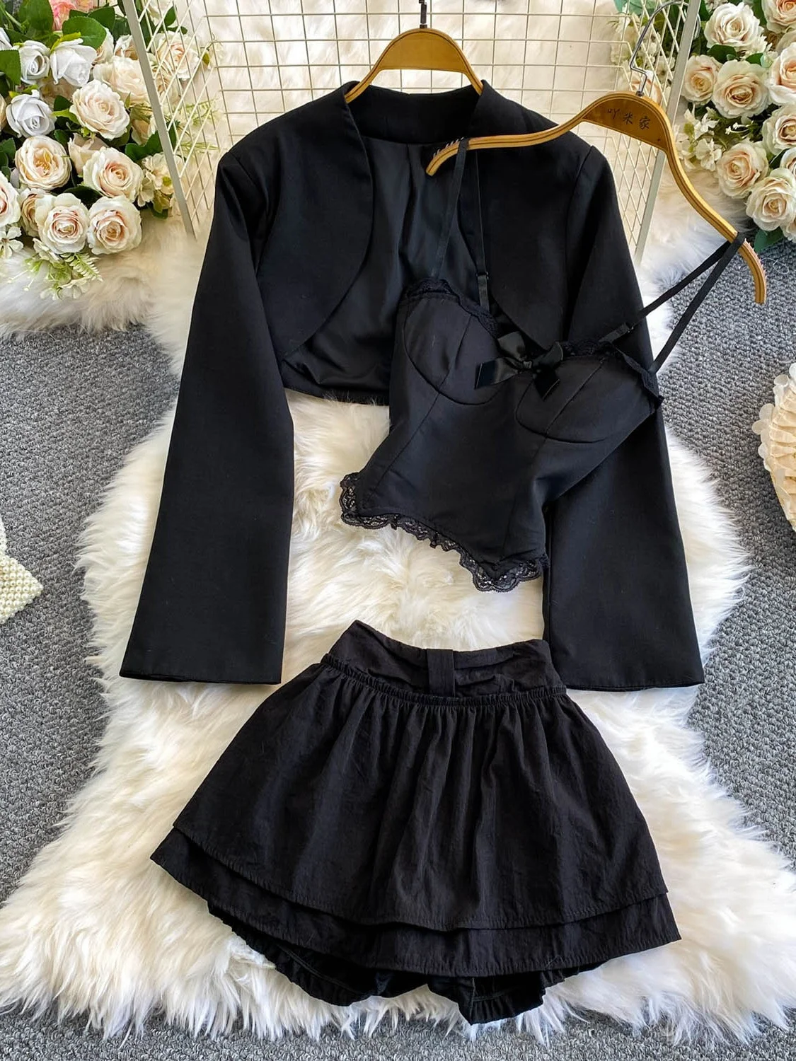 

British Style Sexy Lace Trim High Waist Suit Three Piece Set Women's Fashion Outerwear Short Skirt Pants V Neck Long Sleeve