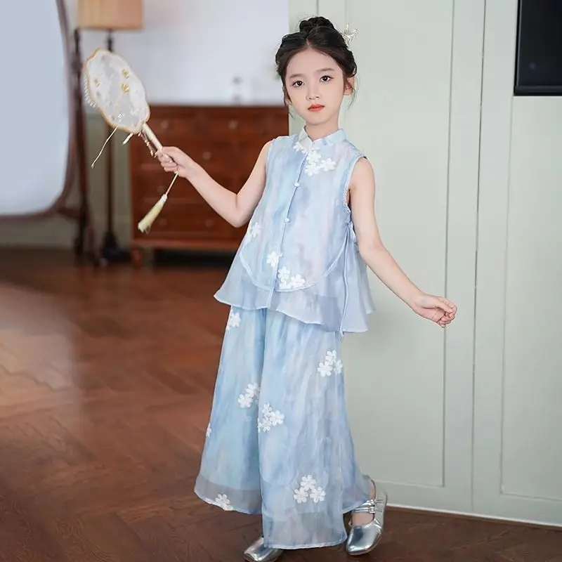 

Summer Baby Girls Clothes Sets Outfits Kids Clothes Sleeveless and Wide Leg Pants Hanfu Children Clothing Set 4 11 10 12 Year
