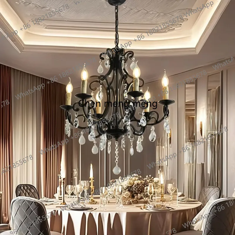 

French black crystal chandelier American retro living room bedroom lamp bed and breakfast restaurant candle lamp