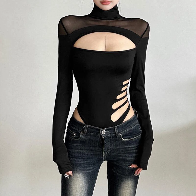 ReddaChic Body negro recortado para mujer Punk Raves cuello simulado manga larga ajustado puntada malla transparente Top Sexy ropa de noche para discoteca