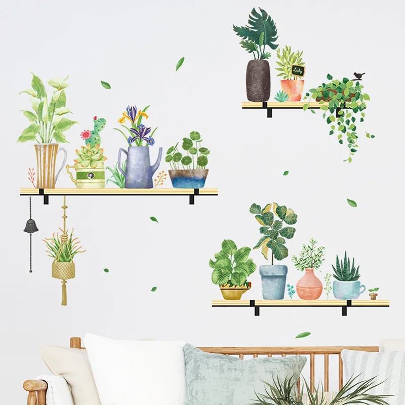 Aquarell-Topfblumen, Sukkulenten, Pflanzen, Bonsai auf dem Regal, Wandaufkleber für Wohnzimmer, Schlafzimmer, Wandaufkleber, Heimdekoration, PVC